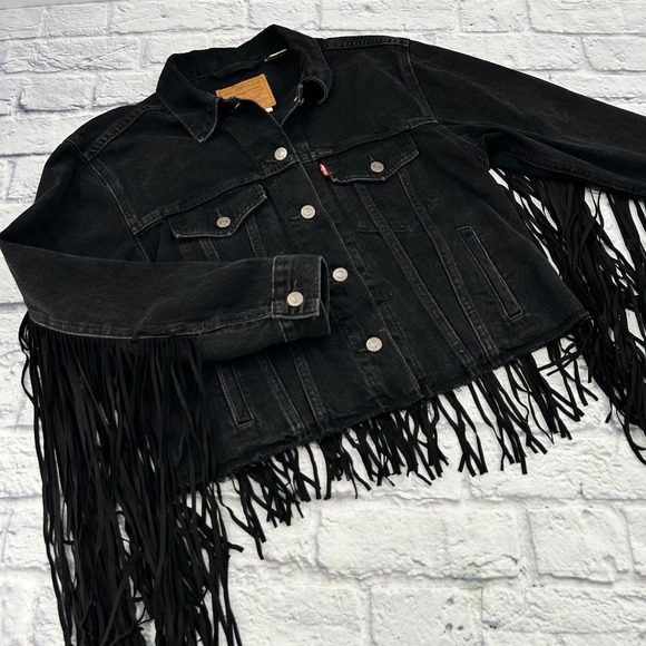 Levis Womens Ex-Boyfriend Trucker Jacket Black Denim Fringe Western Size S - Picture 4 of 13